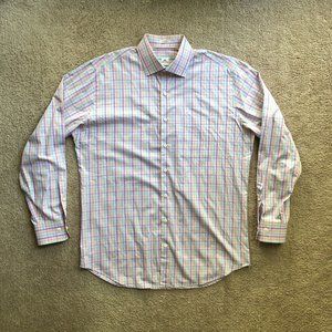 Peter Millar Men's Long Sleeve Button Up Pink/Blue Plaid Shirt, Large, Cotton
